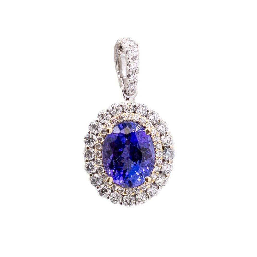 2.12cts Tanzanite Pendant in Solid 14K Gold with Double Halo of Diamonds